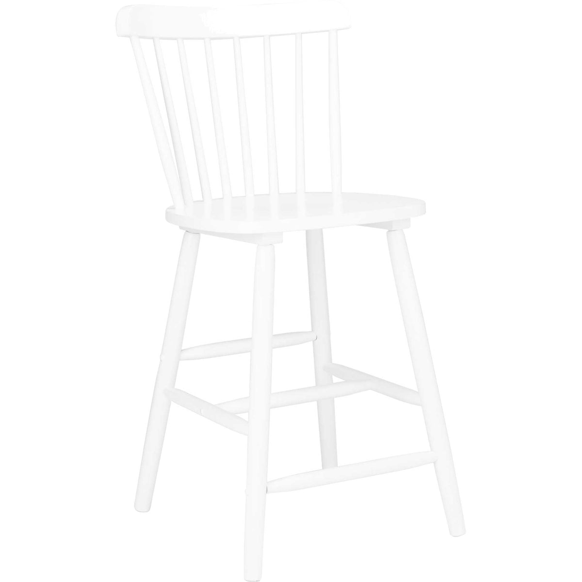 White counter stool combines a curved spindle back with a rounded seat and splayed legs.