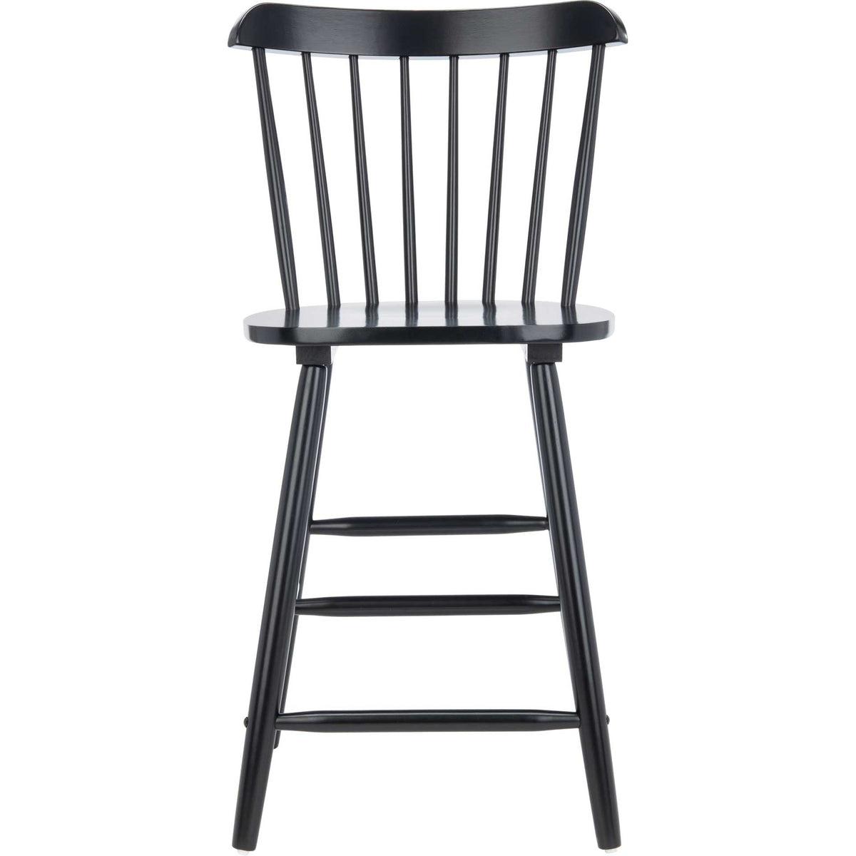 Black counter stool with a wide spindle back, shaped seat and tapered legs with a front footrest. || BST8503B-SET2 || front_studio