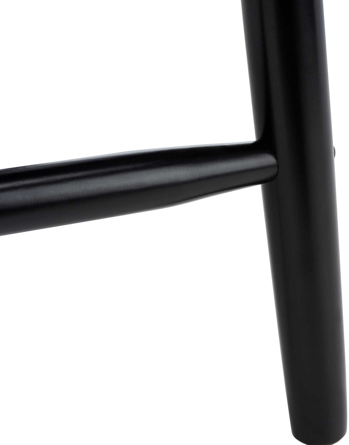 Smooth black tapered leg meets a rounded horizontal brace for sturdy stool support.