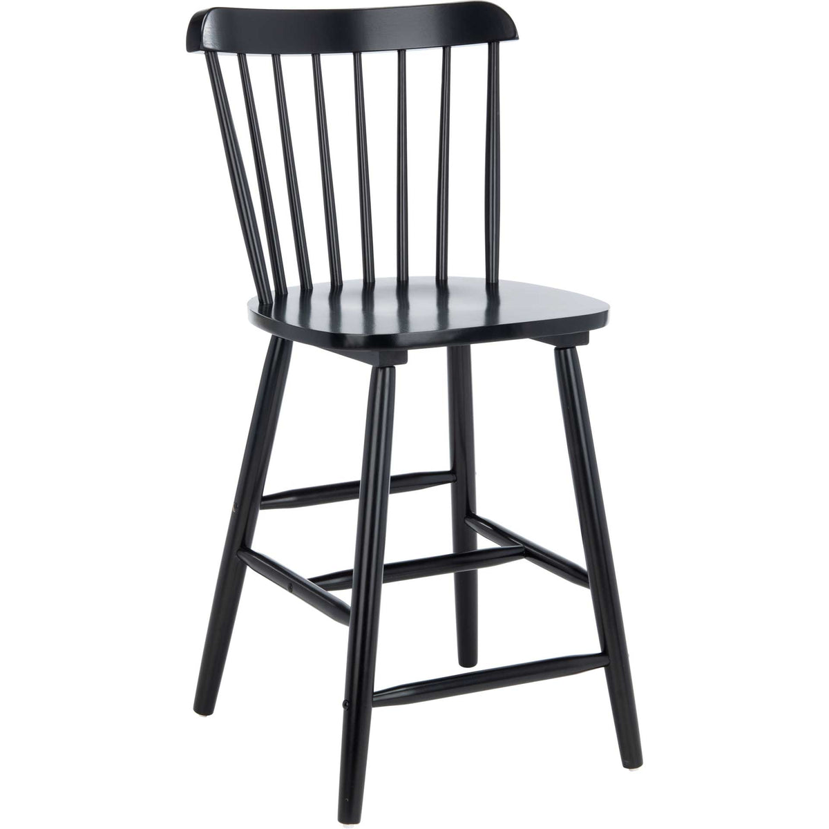 Black wood counter stool with a curved spindle back and splayed legs linked by footrests.