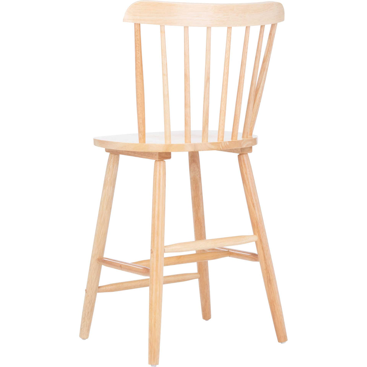 Natural wood counter stool has slender back spindles and supportive crossbars.