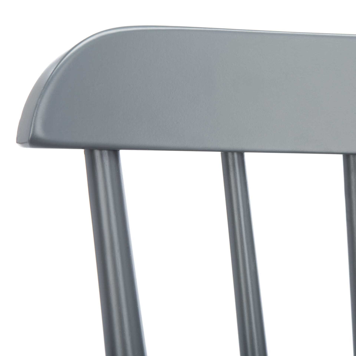 Gray wood backrest has a gently rounded edge and neatly joined spindles.