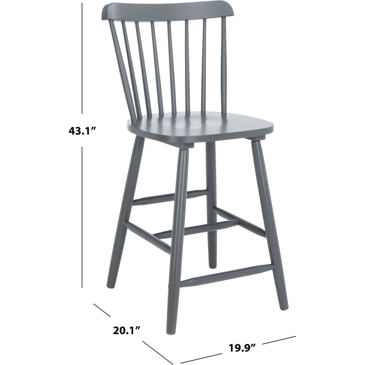 Gray wood stool with an annotated silhouette marking overall height, width and depth.