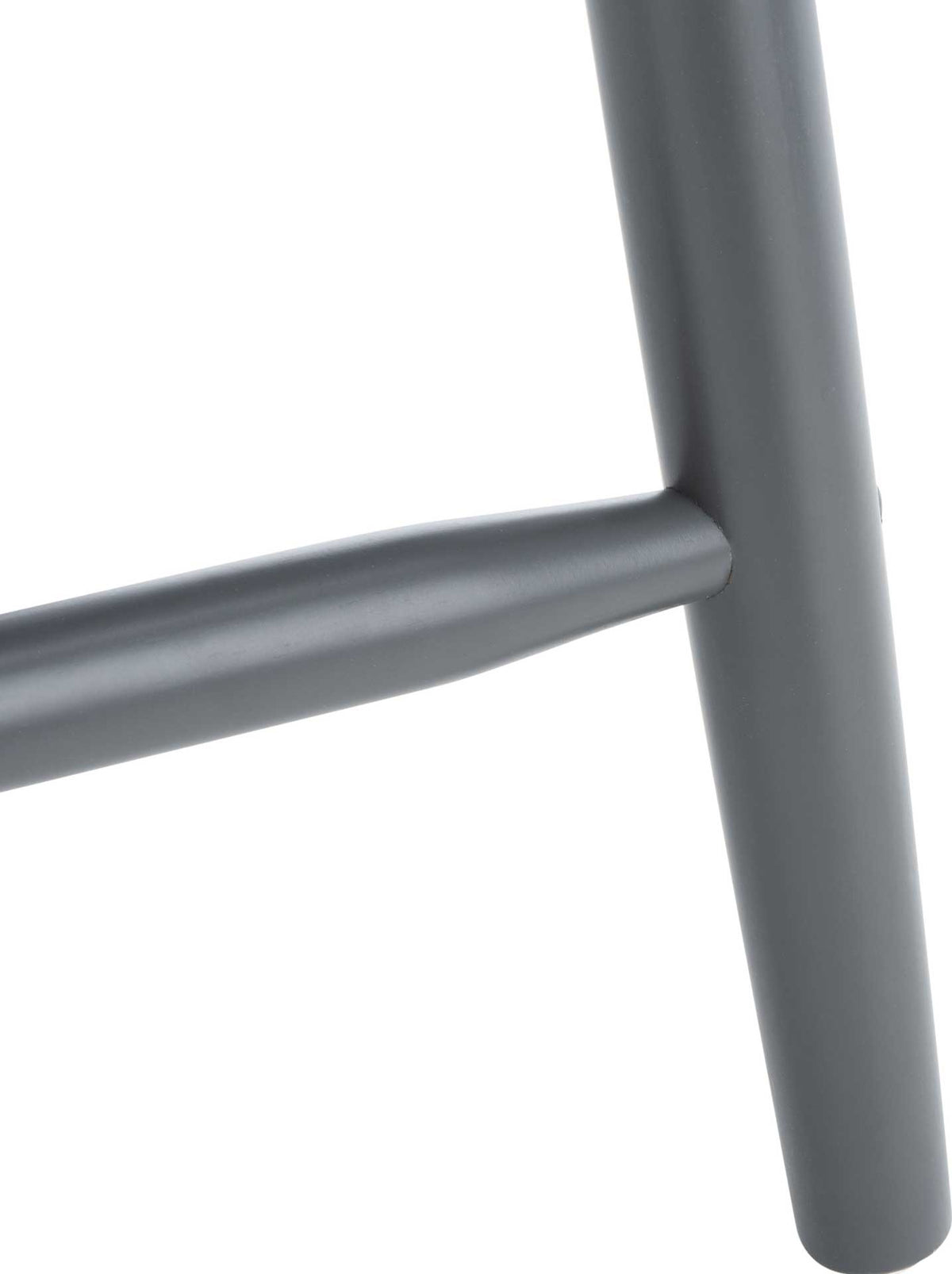A tapered gray stool leg joins a rounded horizontal rail in a smooth finish.