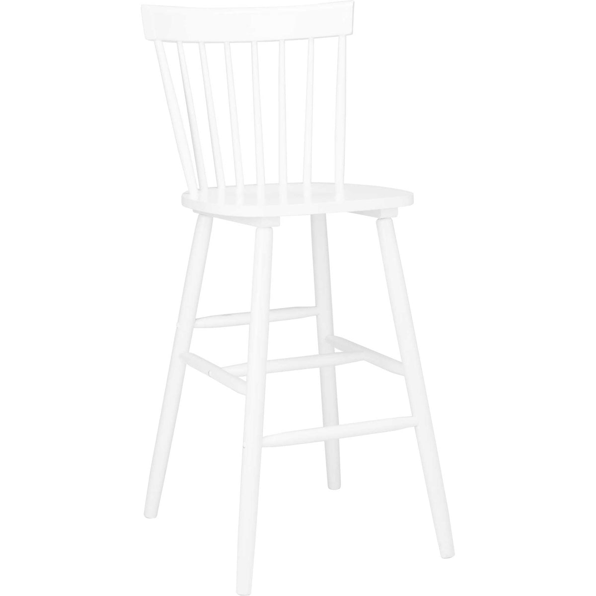 A tall white bar stool combines a curved spindle back, rounded seat and slim tapered legs. || BST8504A-SET2 || front_angle_studio