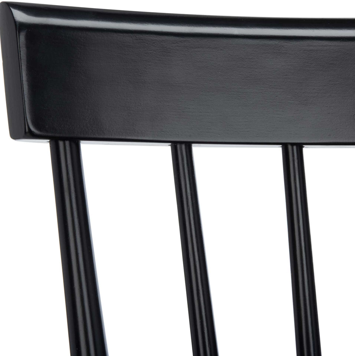 A smooth black top rail anchors the bar stool's slender back spindles.