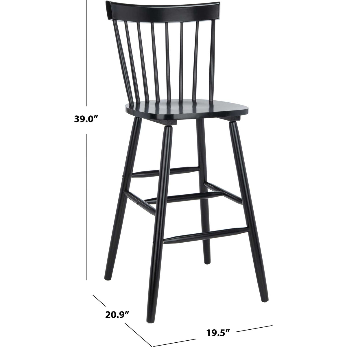 A black spindle-back bar stool offers a 20.9-inch width and 19.5-inch depth.