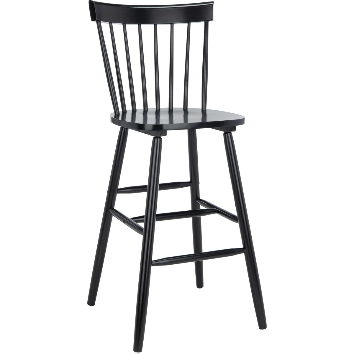 A tall black bar stool pairs a spindle back with a contoured seat and sturdy footrests. || BST8504B-SET2 || front_angle_studio
