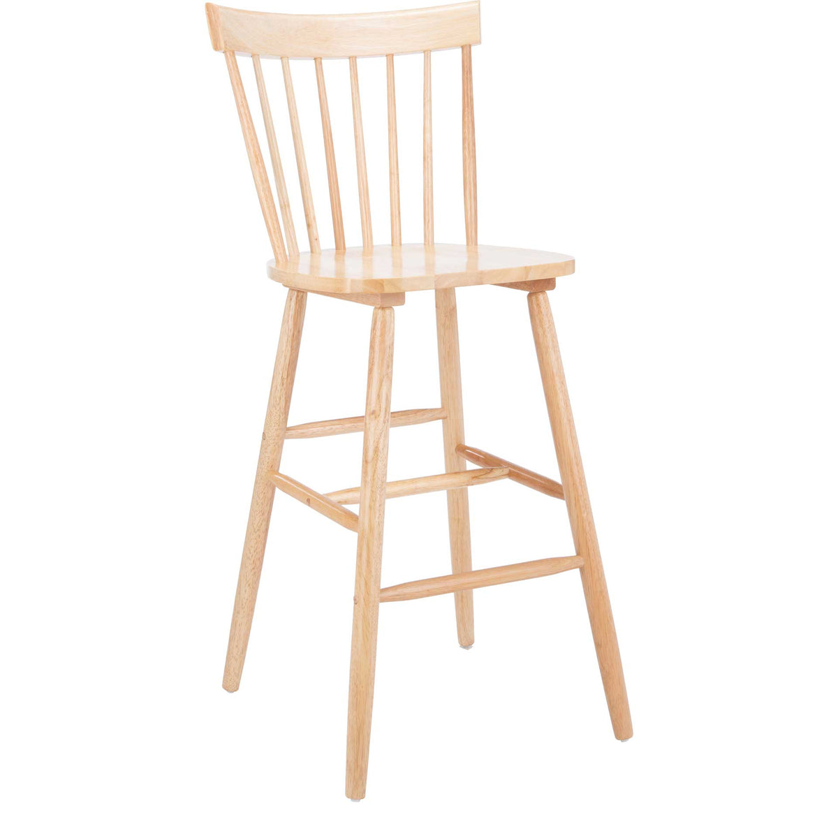 Light wood grain warms this tall bar stool's curved spindle back and tapered, braced legs. || BST8504C-SET2 || front_angle_studio