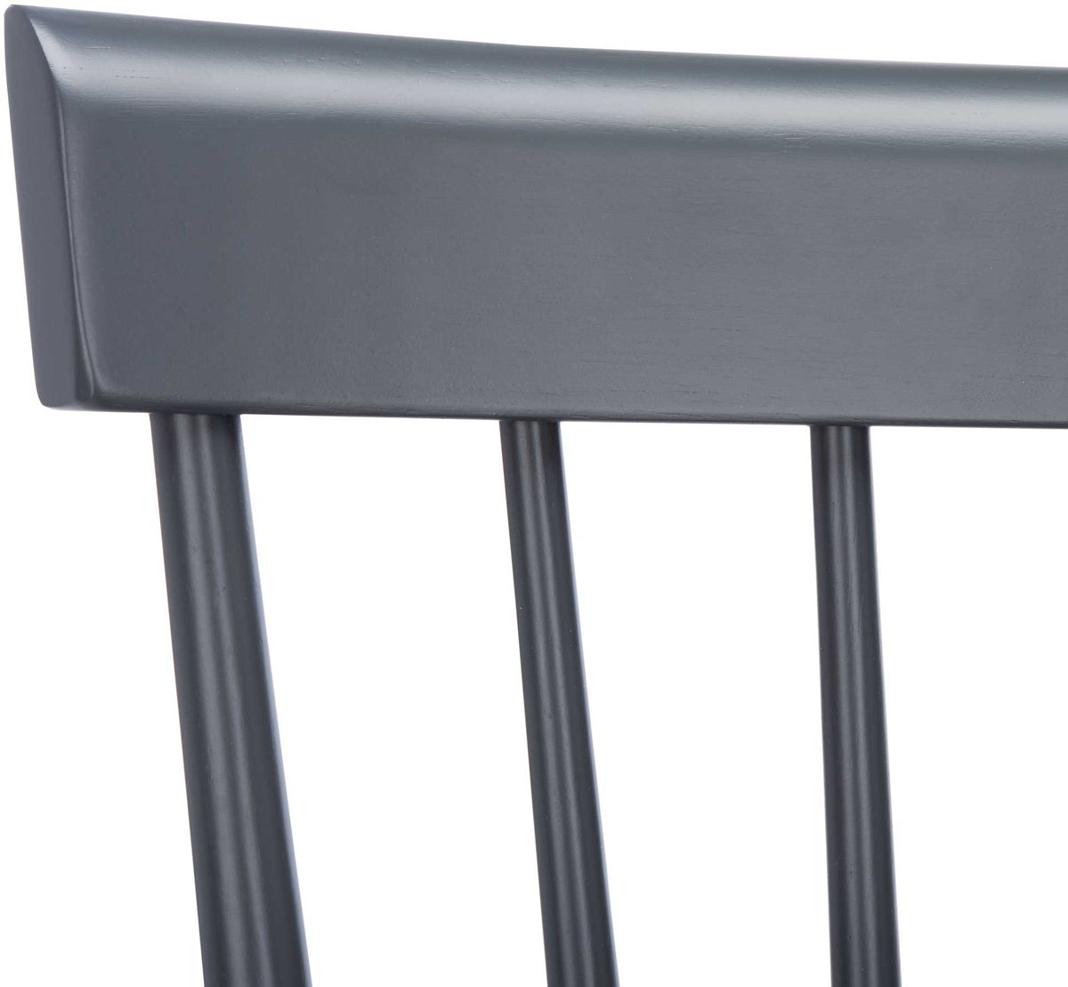 The gray bar stool's smooth, curved top rail meets evenly spaced wooden spindles.