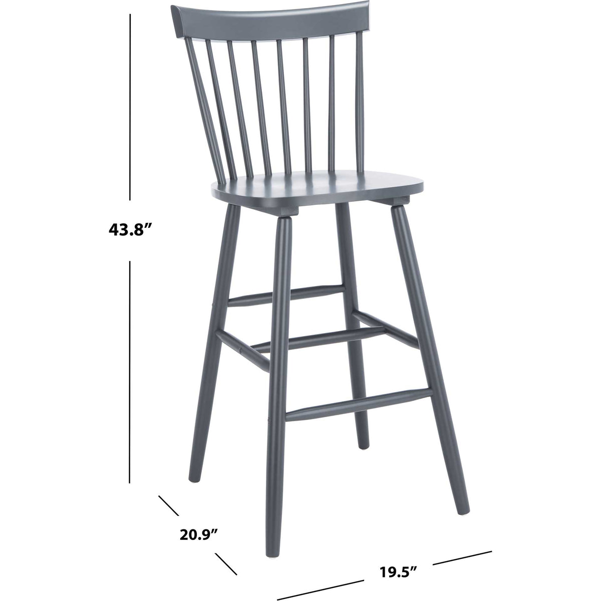 The gray spindle-back bar stool measures 20.9 inches wide and 43.8 inches tall.
