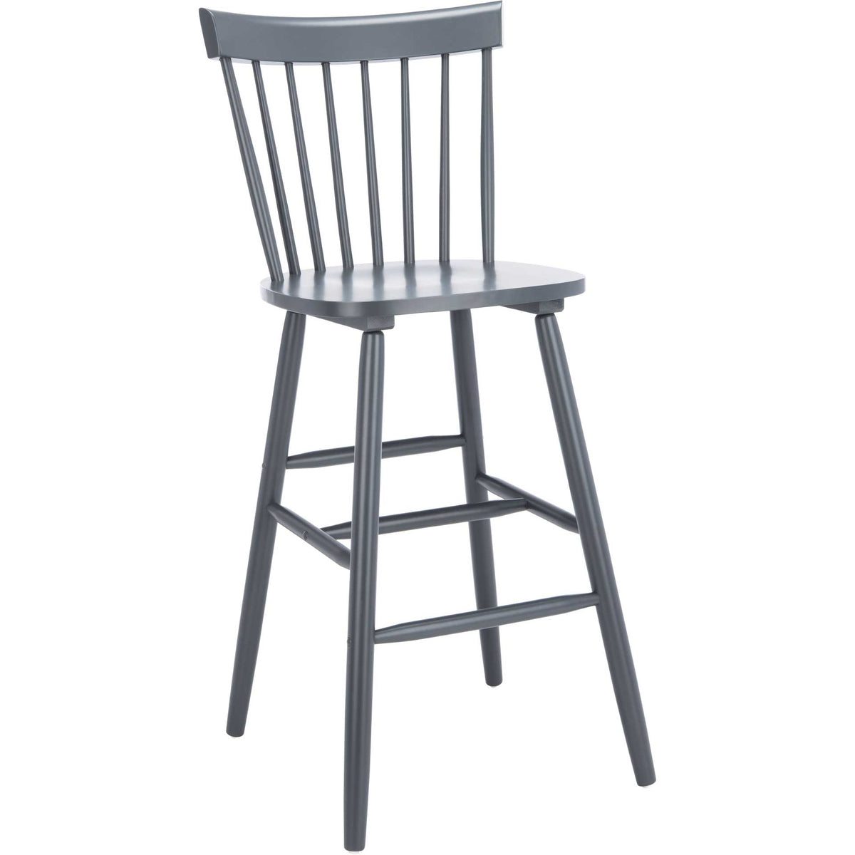 A tall gray bar stool blends a curved spindle back, smooth seat and tapering legs. || BST8504D-SET2 || front_angle_studio