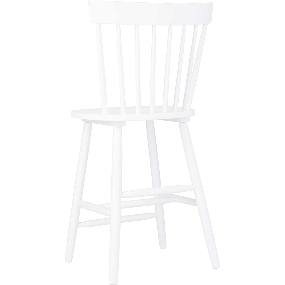 This white counter stool combines an airy spindle back, splayed legs and crossbar support.