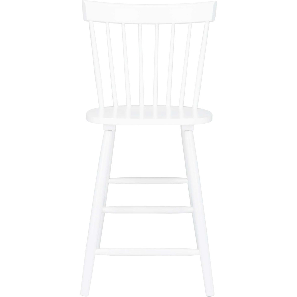 A white counter stool pairs a curved back rail with slim spindles and a footrest. || BST8505A-SET2 || front_studio