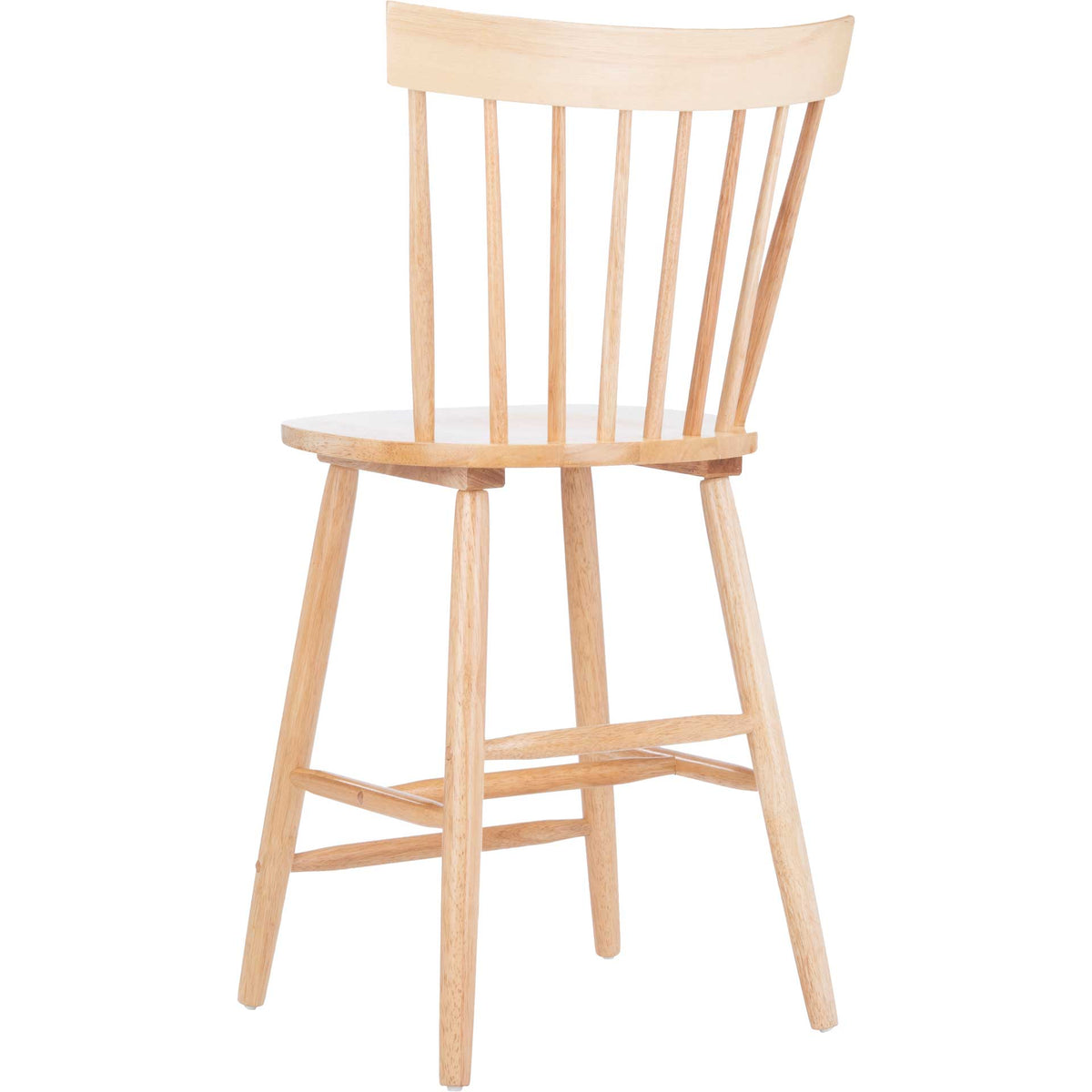 Visible wood grain lends warmth to this counter stool's curved back and splayed legs.