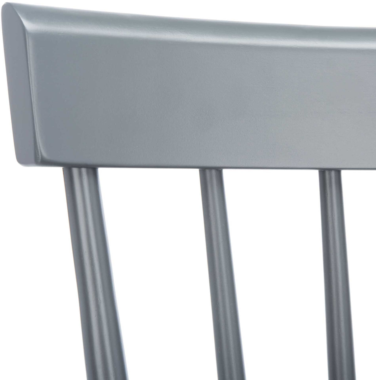 The gray counter stool's broad curved top rail rests on a row of slim spindles.