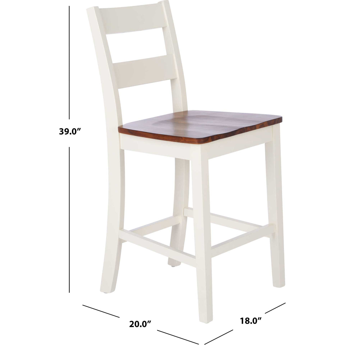 A white ladder-back counter stool pairs a wood seat with an 18-by-20-inch footprint.