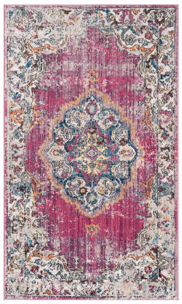 A vibrant rose center highlights a colorful floral medallion and ornate light gray border