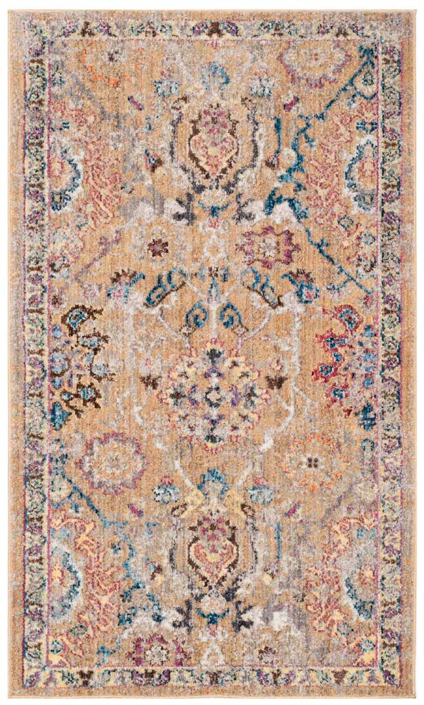 Camel and blue area rug with faded floral medallions and a decorative border