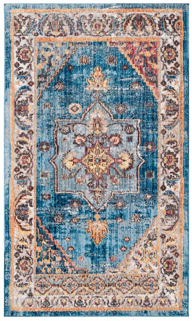 A bright blue center and ornate ivory border showcase traditional floral motifs and faded coral details.