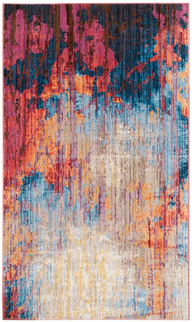 Deep blue and rust meet soft pink and cream across a vivid, painterly abstract rug.