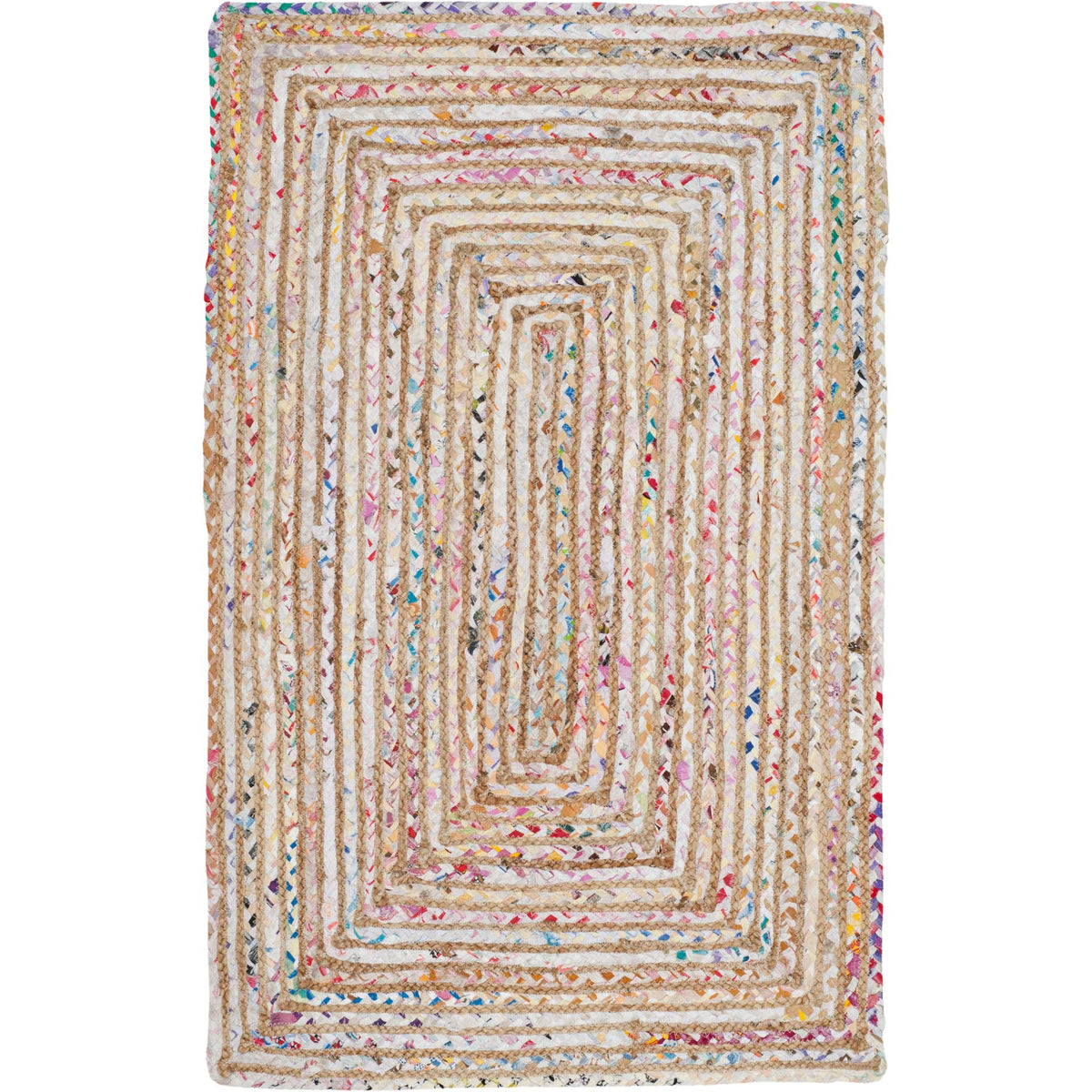Small beige accent rug brings rainbow-flecked concentric stripes to narrow spaces