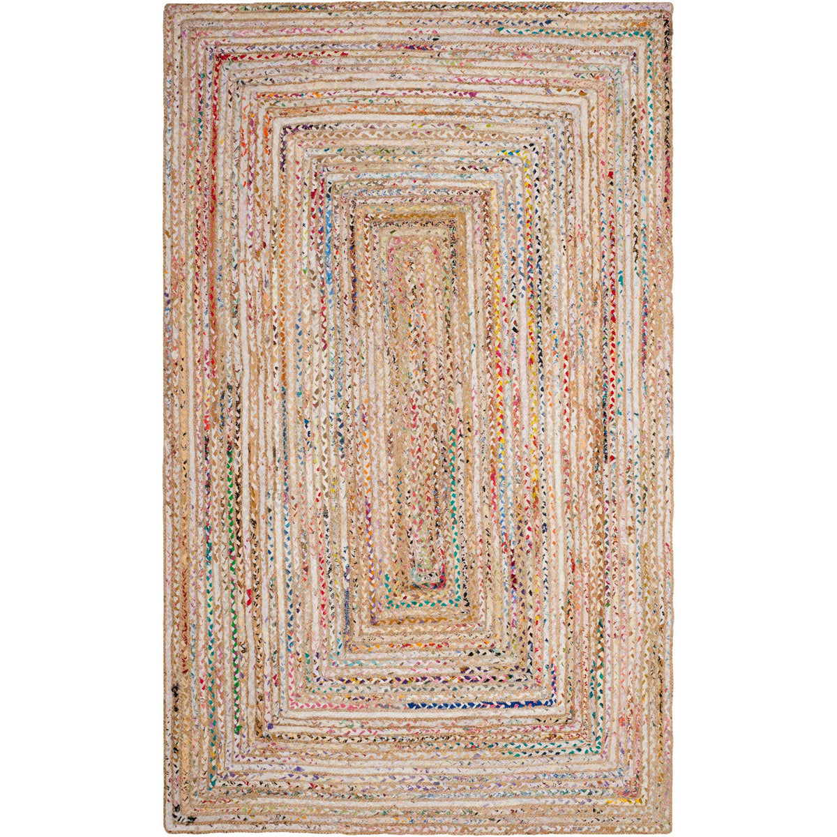 Beige area rug layers colorful braided rows around a compact rectangular center