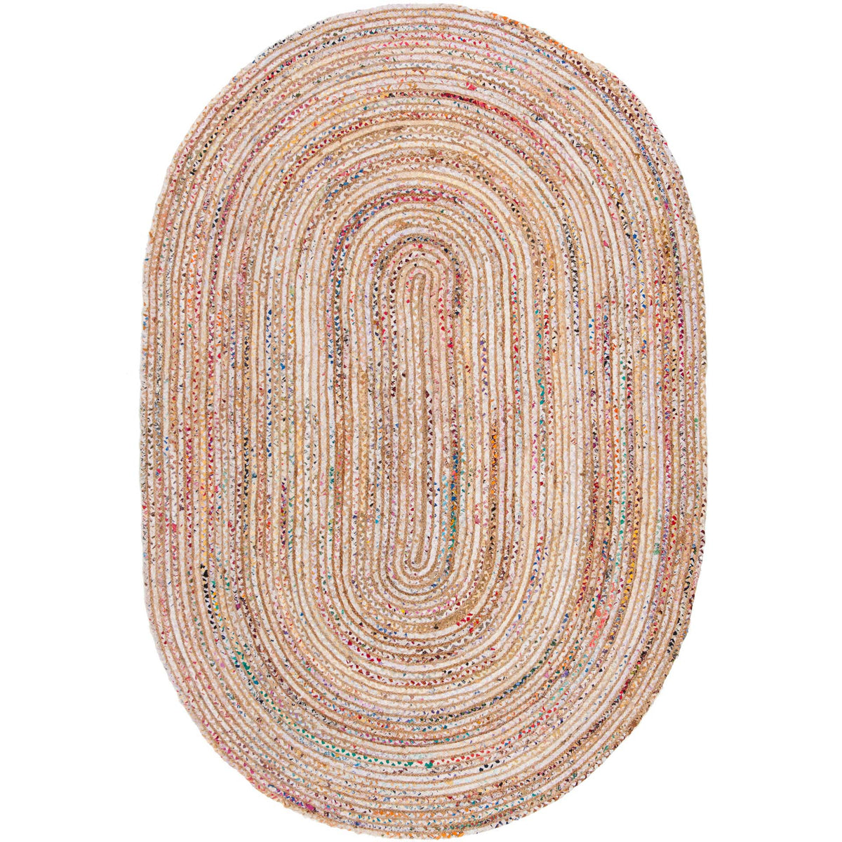 Oval rug weaves sandy jute and cotton into flowing bands of multicolored texture.