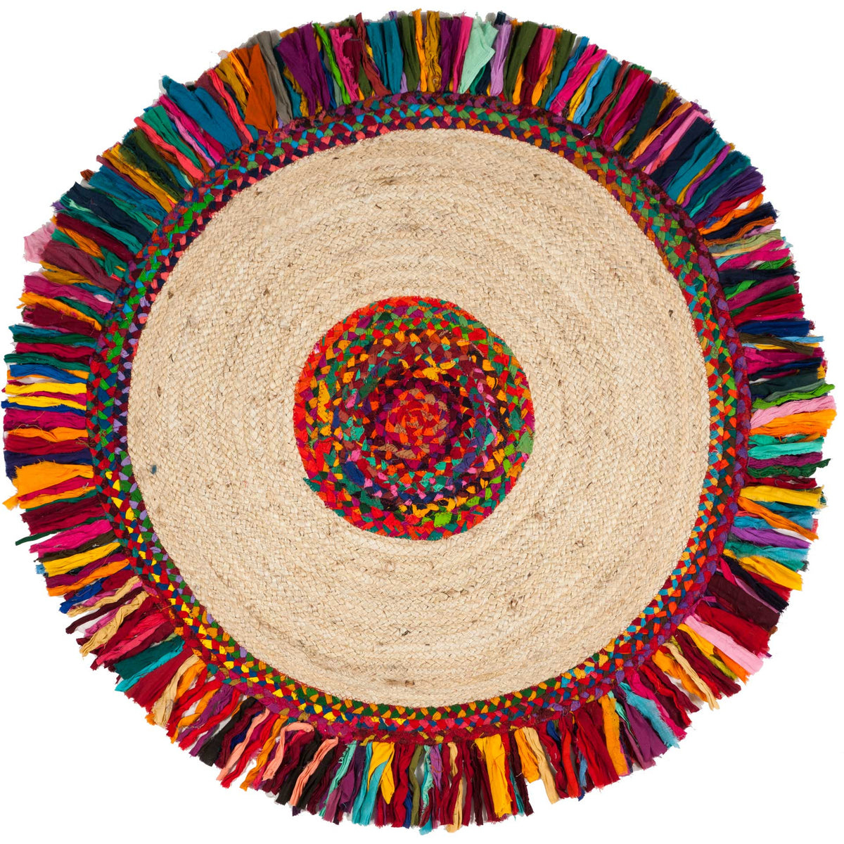 Compact round rug features a natural jute field, multicolor medallion, and bold fringe.