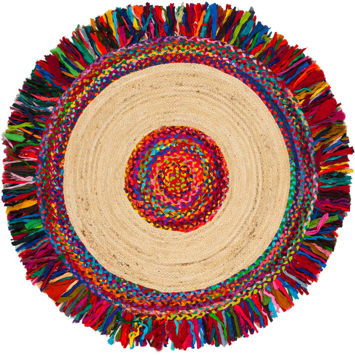 Four-foot round rug contrasts a pale jute field with a bright center and fringed border.