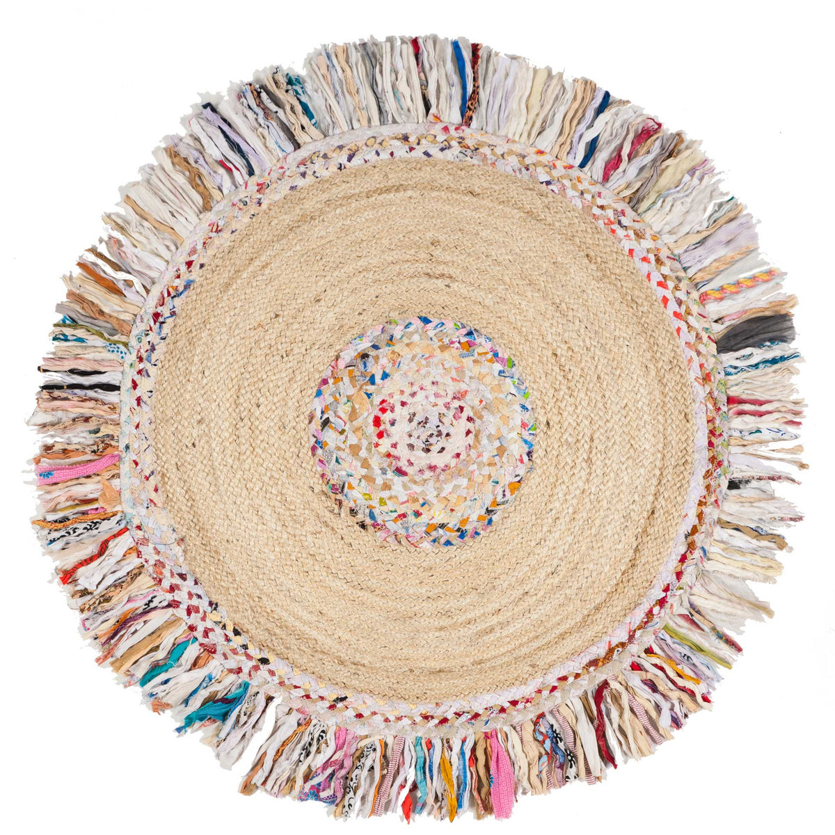Compact round rug sets a colorful woven medallion against natural jute and multicolor fringe.