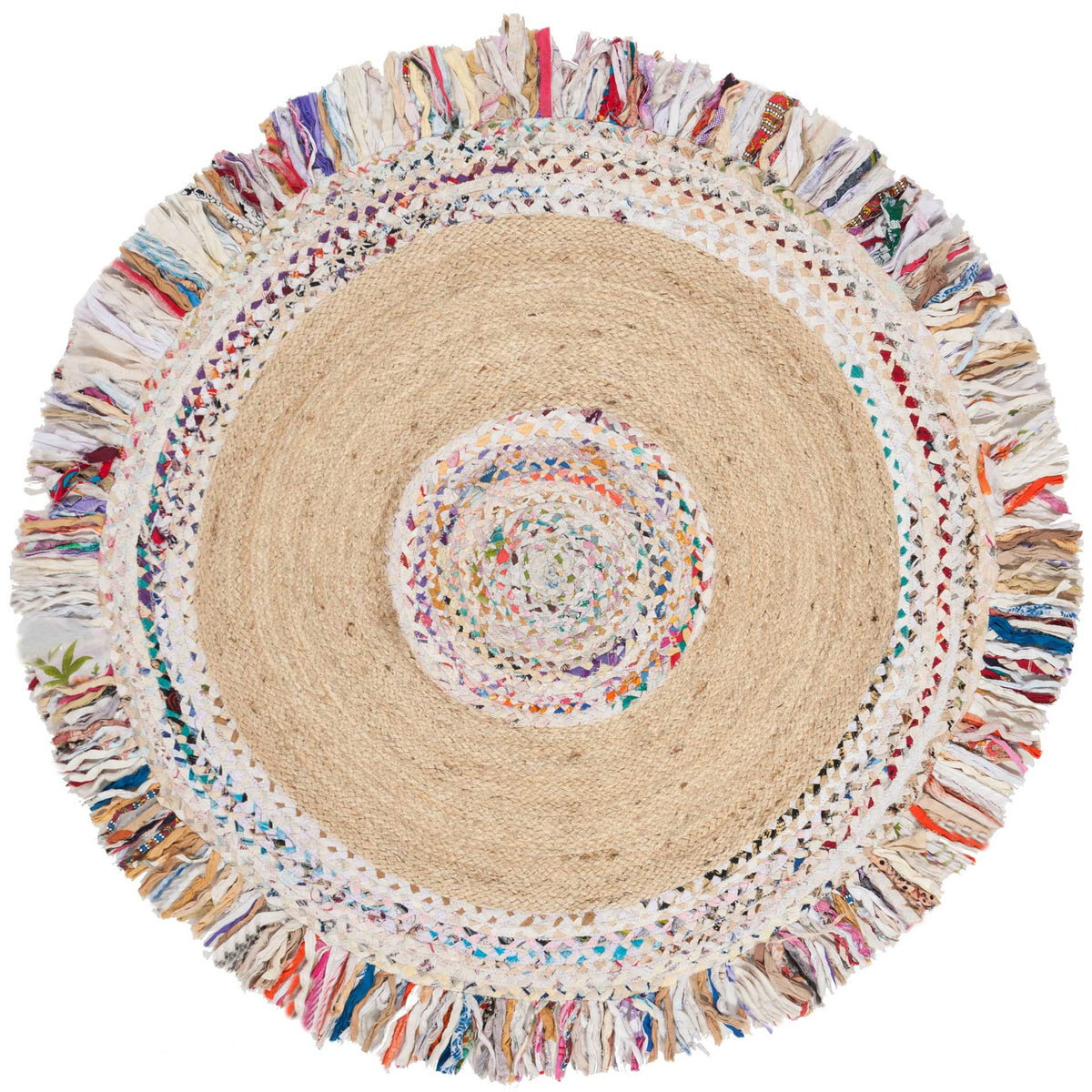 Four-foot round rug combines natural jute with a flecked border and playful fringe.