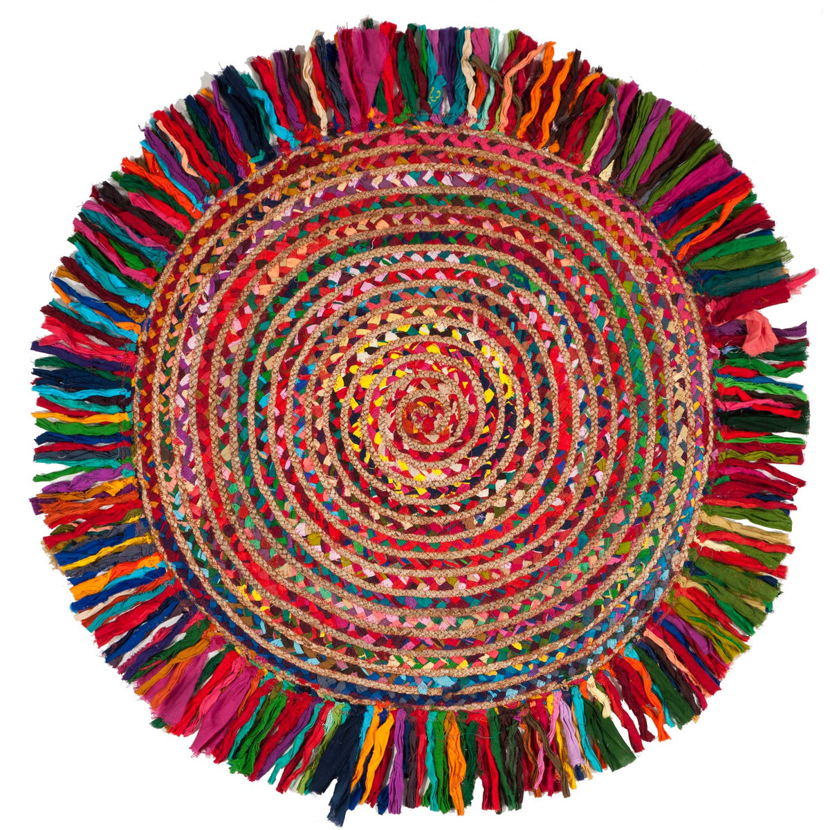 Compact round rug layers vivid multicolor bands around a bold spiral center and fringe.