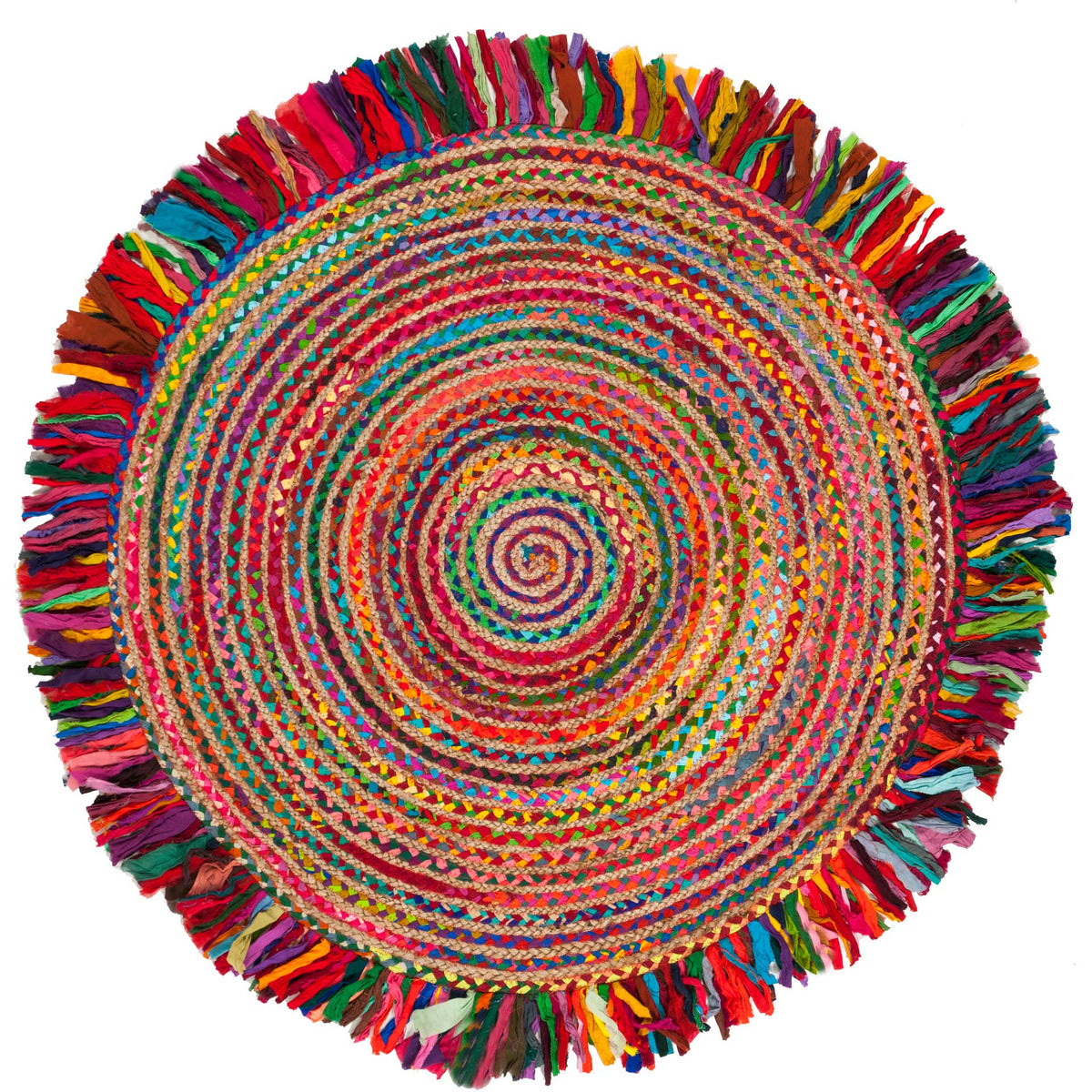 Four-foot round rug bursts with saturated braided colors and exuberant fringe.