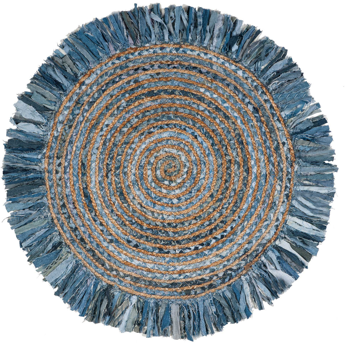 Compact round rug pairs concentric denim-blue bands with a full, textured fringe.