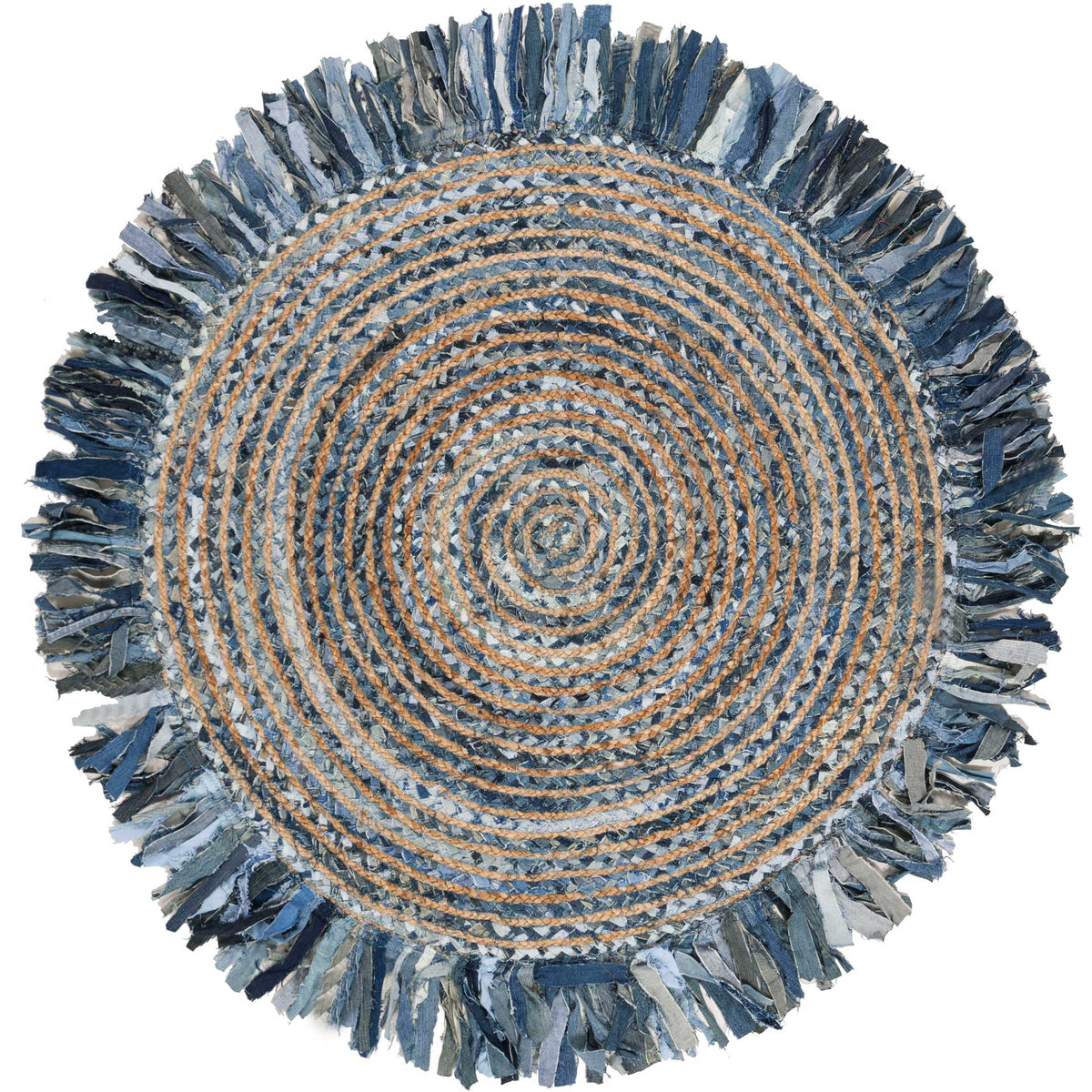 Four-foot round rug blends blue denim spirals, warm jute, and a generous fabric fringe.