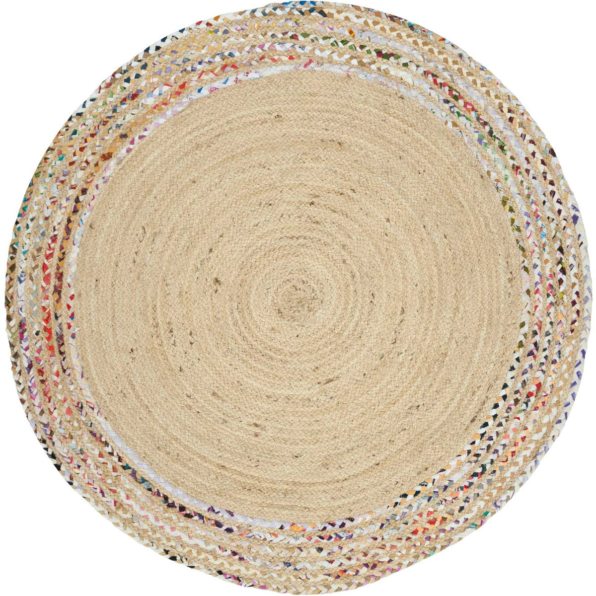Four-foot round rug brings a sandy jute center together with subtly flecked outer rings.