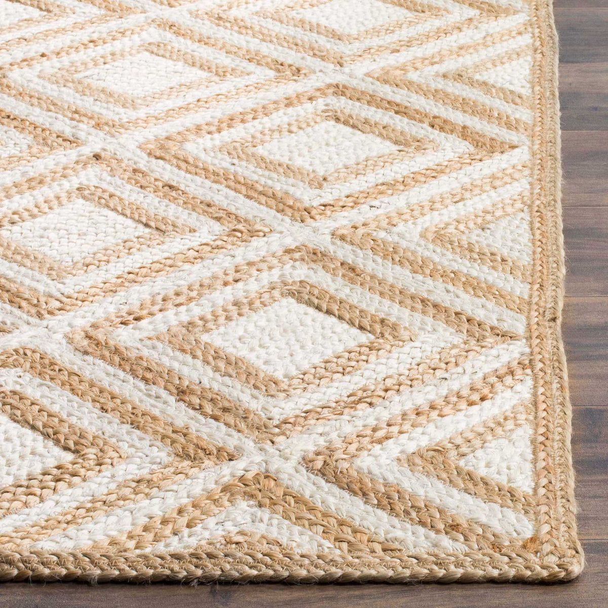 Thick tan jute outlines frame raised ivory diamond shapes near a woven border