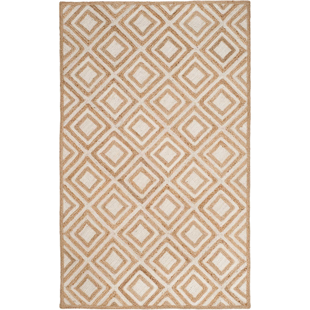 Natural tan diamonds form a crisp lattice across an ivory woven rug