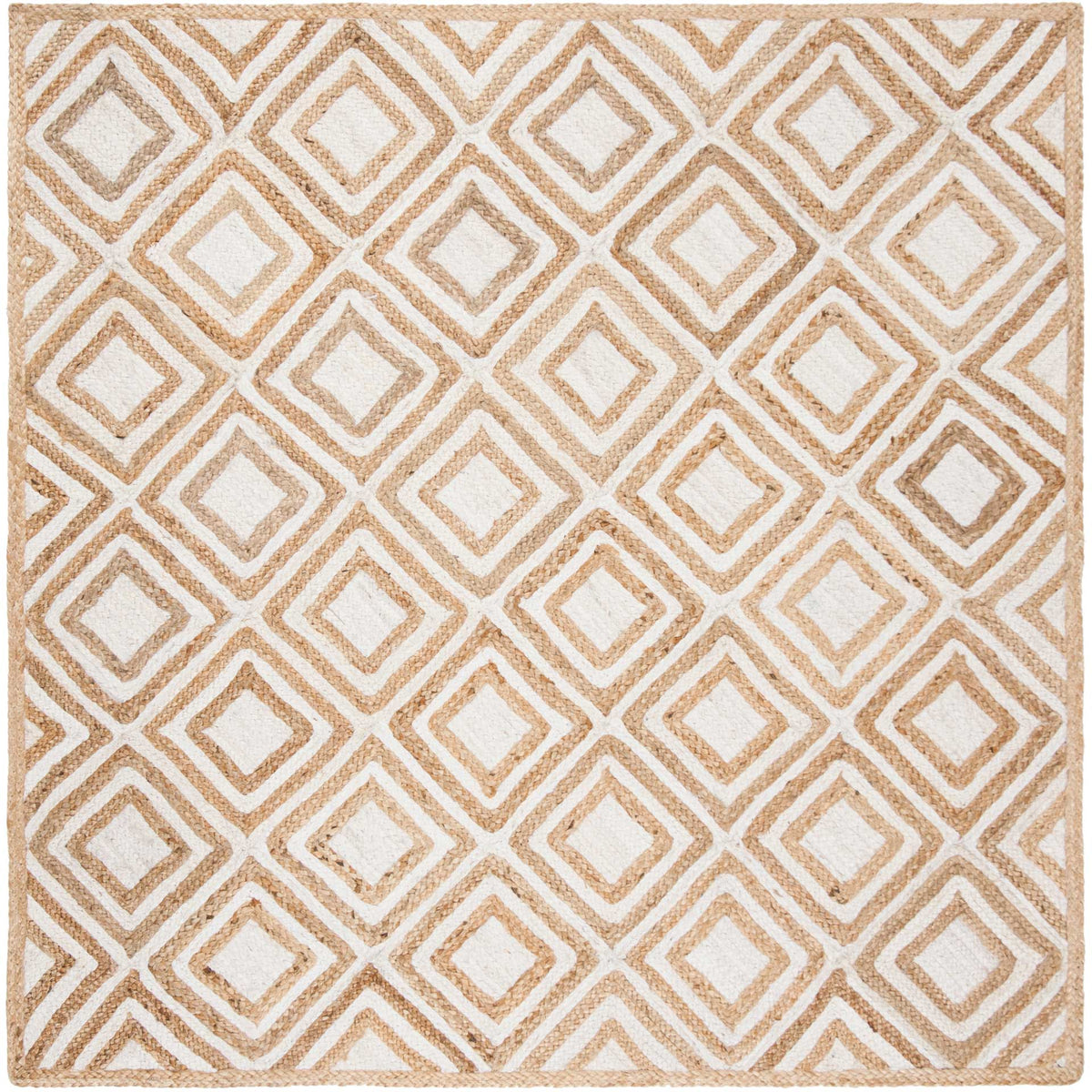 Square jute rug repeats tan double-line diamonds over an ivory field