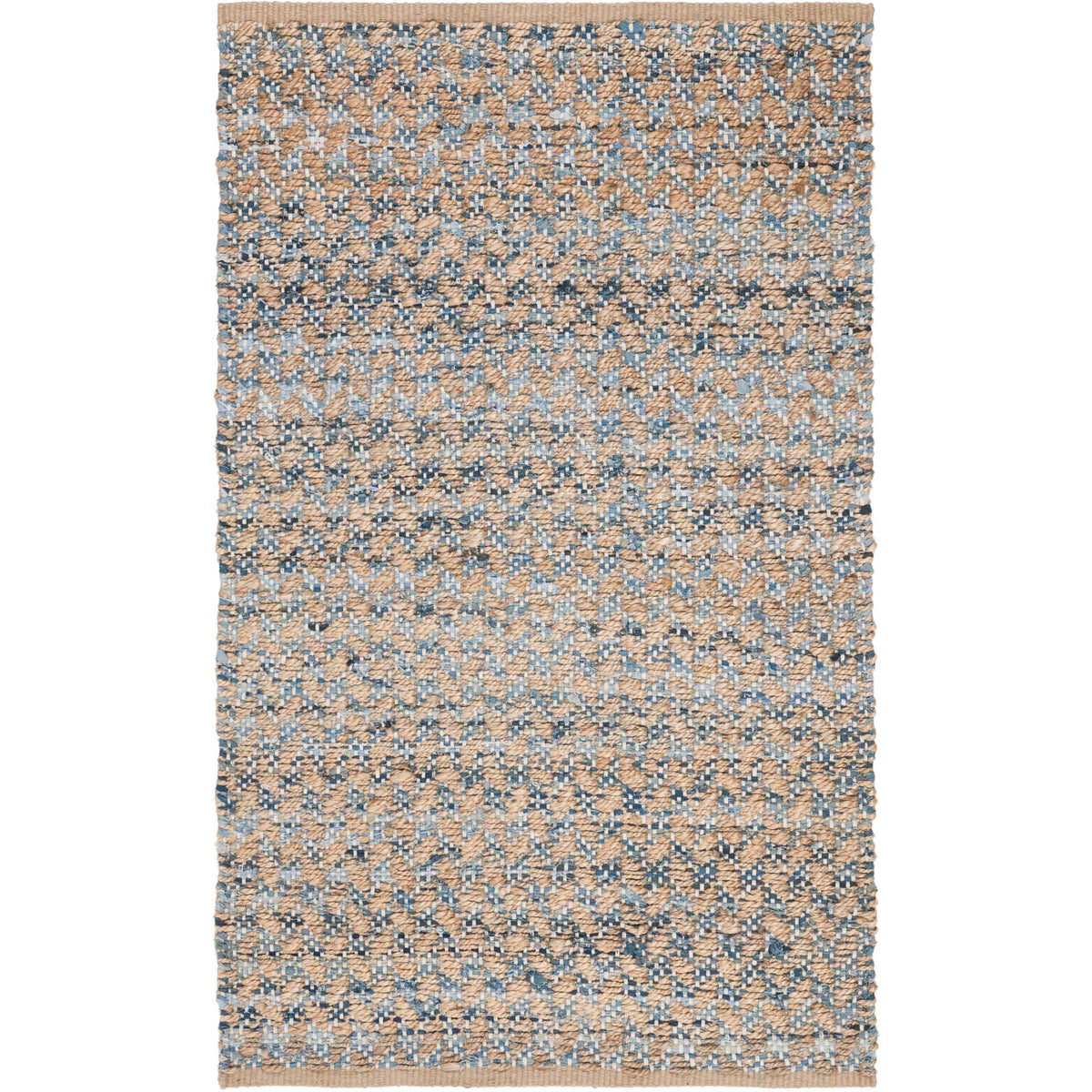 Blue woven flecks lend a broken, pebbled pattern to this natural accent rug