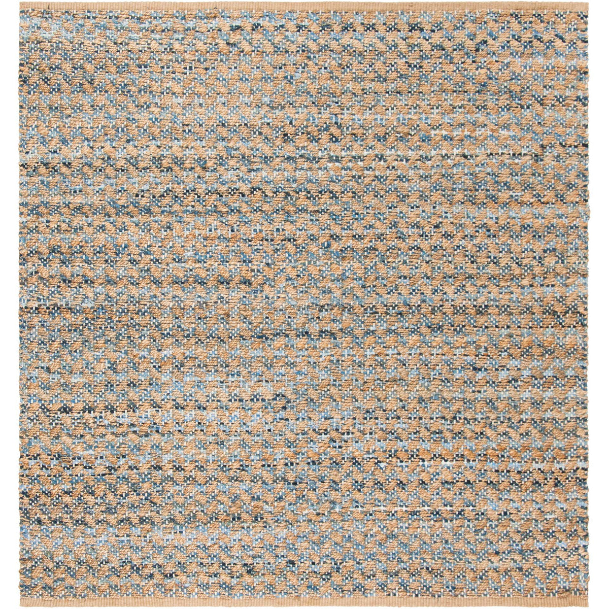 Square tan rug gains subtle texture from scattered blue-and-natural knotted motifs