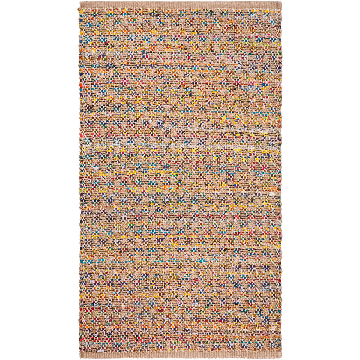 Small natural accent rug is flecked with red, blue and yellow woven colors