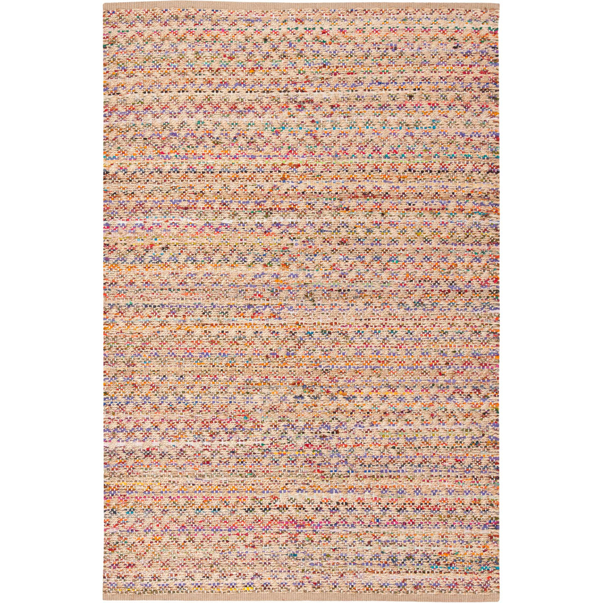 Warm natural jute mixes with colorful fabric threads in a softly striped design