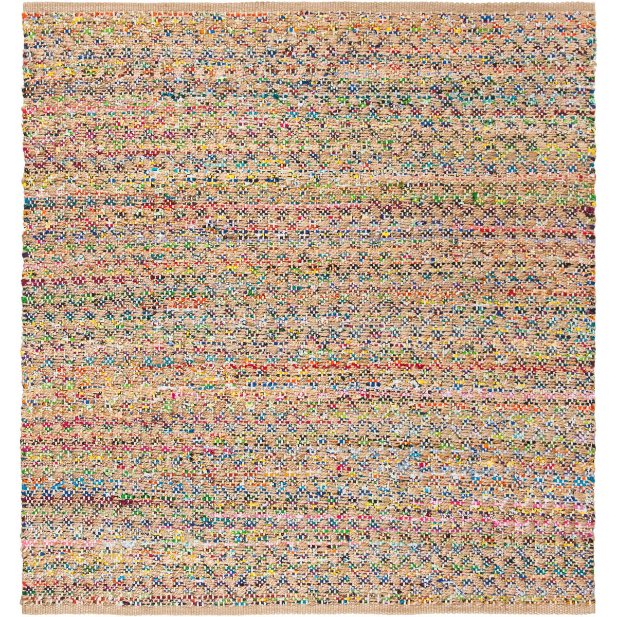Square tan rug shows lively confetti-like stripes in red, blue and green