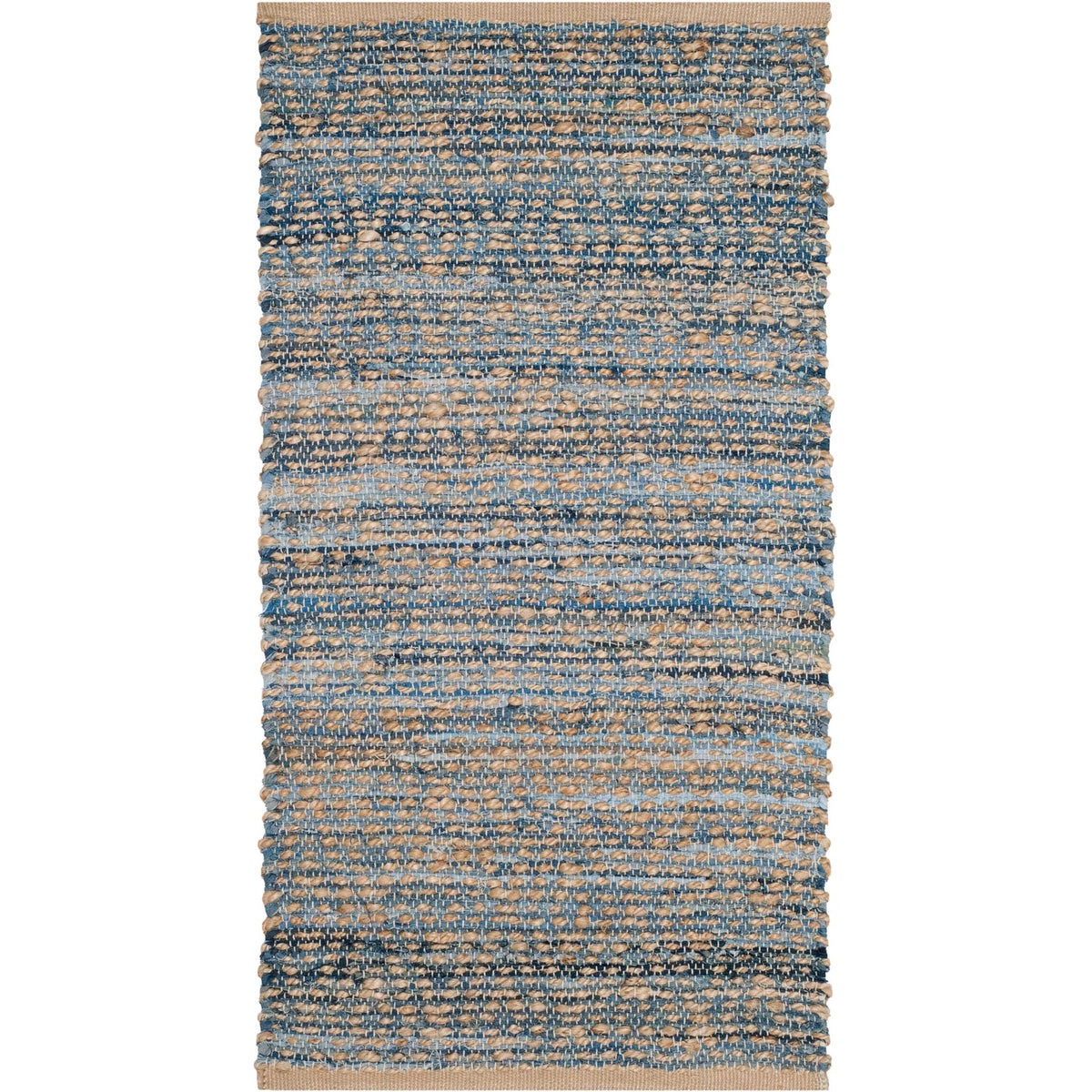Slim blue and tan accent rug displays richly mottled bands of denim and jute