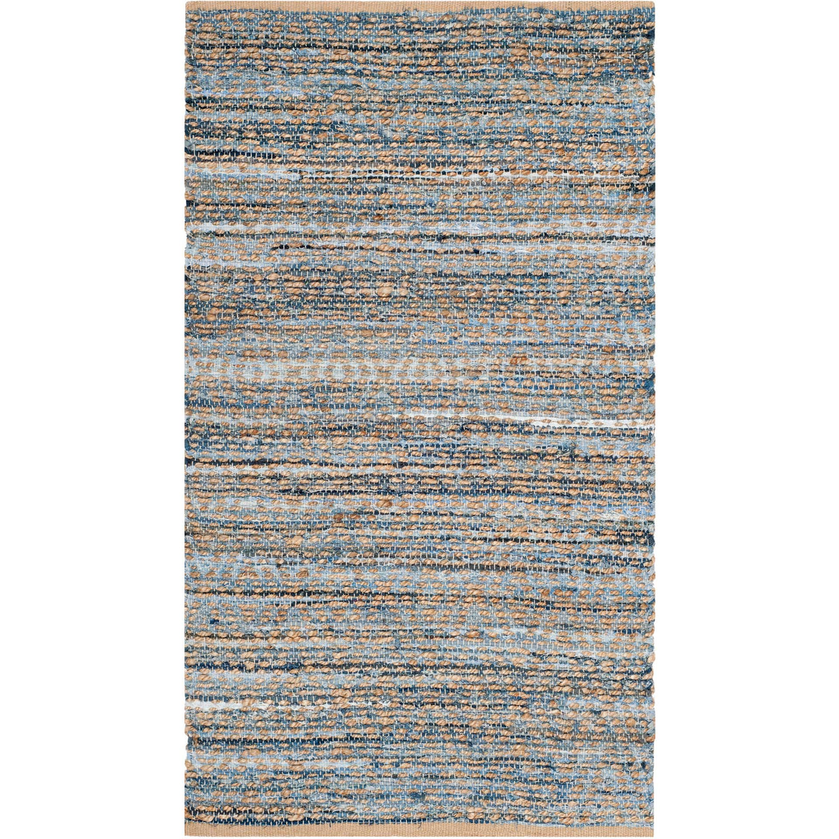 Small blue-and-natural rug layers dense striations in a rustic weave