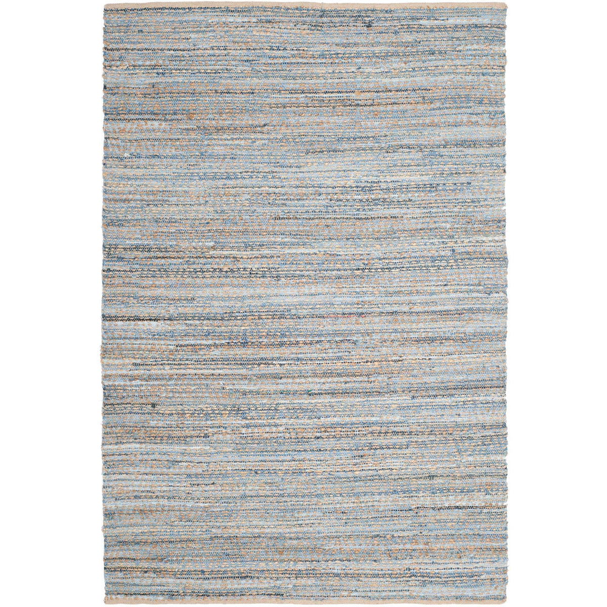 Tan and blue fibers weave subtle denim-like lines across a rectangular rug