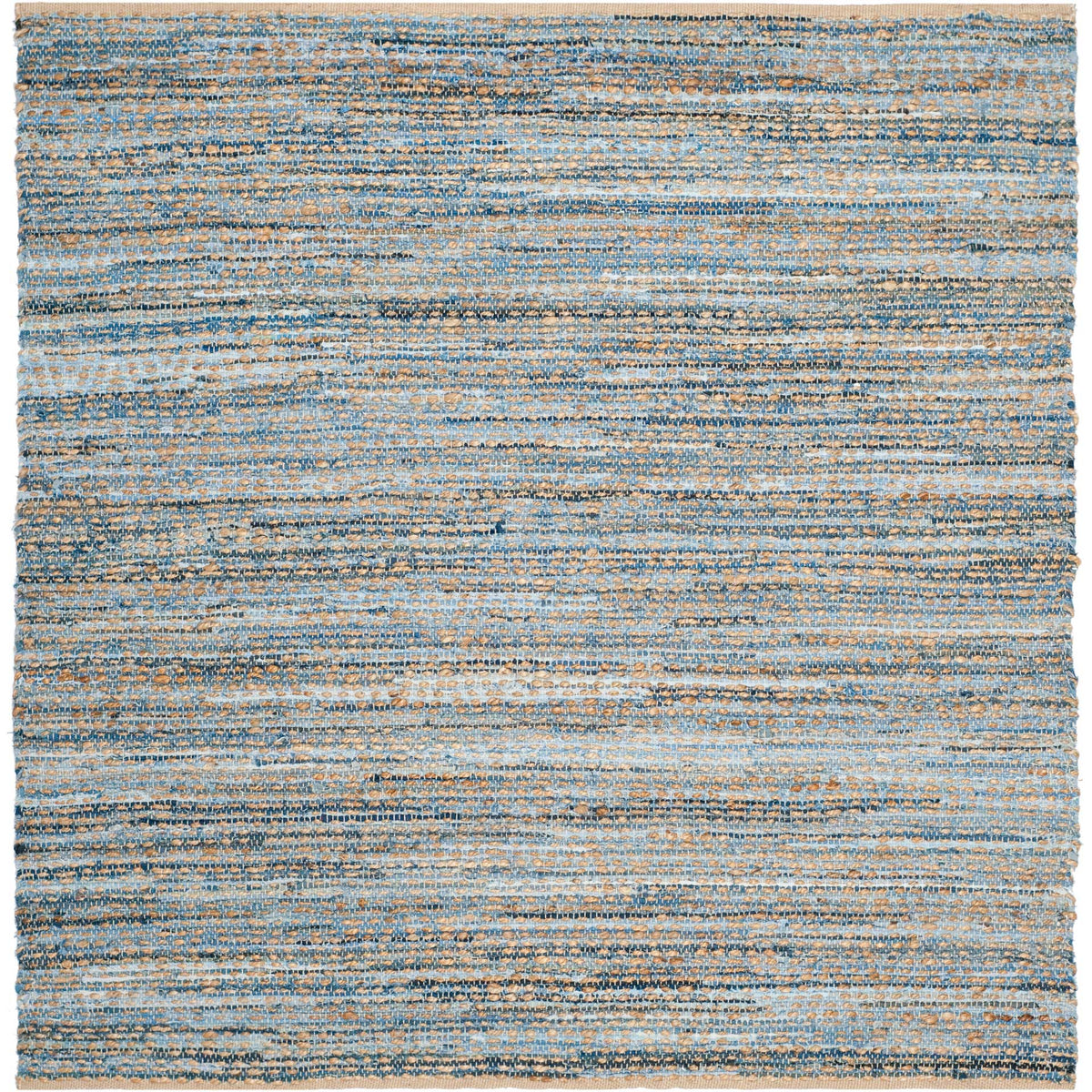 Square rug blends faded blue denim with sandy jute in irregular rows