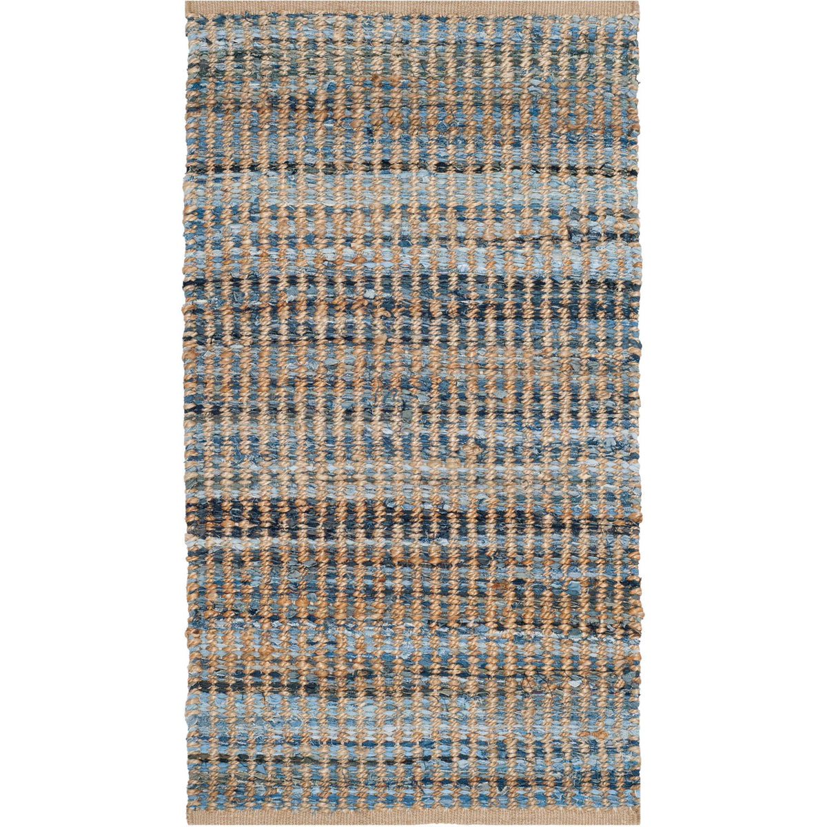 Small accent rug has bold blue denim flecks against a natural jute weave